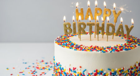 A delicious birthday cake adorned with colorful sprinkles and Happy Birthday candles, creating a festive and joyful atmosphere for a special celebration.の素材