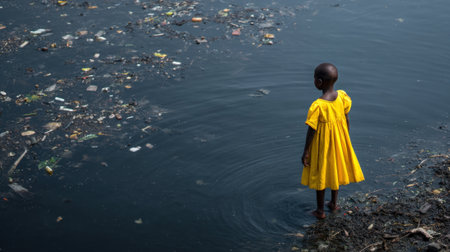 A young girl in a bright yellow dress stands near a waterway filled with trash, highlighting environmental pollution and its impact on children.の素材