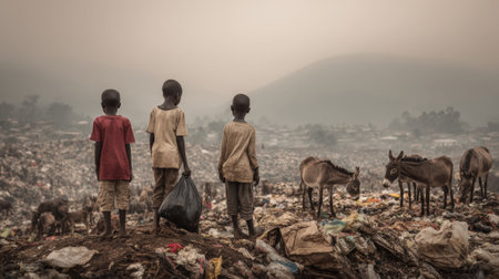 Three children stand amidst a vast landfill, with donkeys nearby, highlighting the harsh realities of poverty and environmental challenges in a developing nation.の素材
