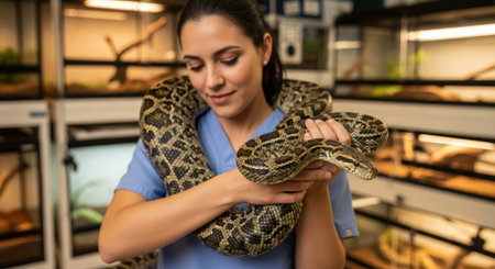 A professional woman, a vet or zookeeper, calmly handles a large constrictor snake. The background shows numerous reptile enclosures in a specialized facility or pet shop.の素材