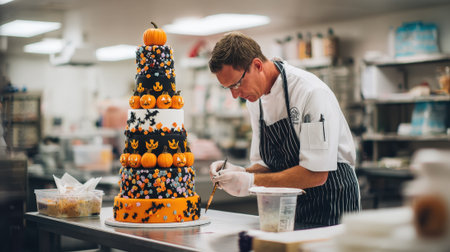A chef meticulously decorates a towering Halloween-themed cake in a professional kitchen, showcasing intricate details and festive decorations.の素材