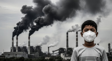 A child wearing a face mask stands in front of a heavily polluted industrial area with smoke stacks emitting dark smoke into the sky.の素材