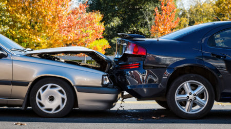 A silver car with front-end damage collides with a dark blue car, resulting in a car crash on a road with autumn trees in the background.の素材