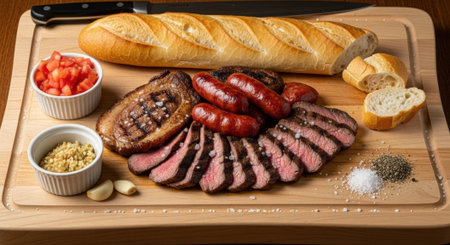A wooden board featuring sliced grilled steak, sausages, bread, and condiments, perfect for a hearty meal or sharing.の素材