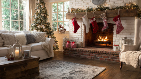 A warm and inviting living room decorated for Christmas, featuring a lit fireplace, stockings, a decorated tree, and comfortable seating.の素材