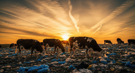 A herd of cattle forages for food amidst a field of plastic garbage and waste during a dramatic golden sunset, highlighting a serious environmental pollution problem.の素材