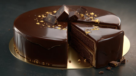 A rich, glossy chocolate cake sits on a golden stand, with one slice cut and slightly pulled away, revealing its layers.の素材