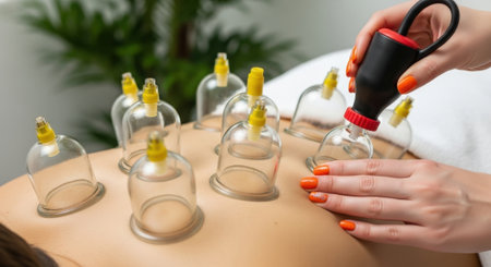 A close-up view of a cupping therapy session being performed on a persons back, showing multiple glass cups and a suction device.の素材