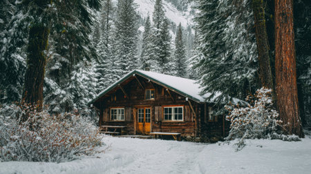 A charming wooden cabin nestled amidst snow-covered trees, creating a serene winter scene. The cabins warm glow invites you to escape into natures beauty.の素材