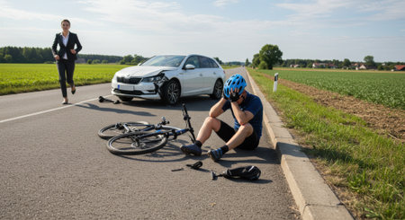 A cyclist sits injured on the road after an accident with a car, while a woman runs to get help in a rural setting.の素材
