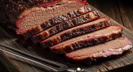 A close-up shot of perfectly sliced smoked brisket, showcasing its juicy texture and smoky flavor on a rustic wooden board.の素材