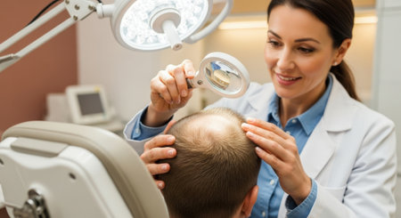 A dermatologist examines a patients scalp with a magnifying glass to diagnose hair loss and determine the best treatment options.の素材