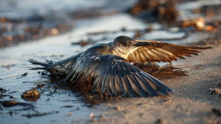 A dead bird lies on a beach, its feathers matted with oil, a victim of pollution.の素材
