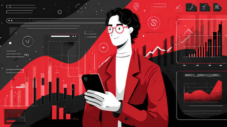 A data analyst in a red blazer uses a smartphone to analyze financial charts and graphs, indicating data-driven decision-making and market analysis.の素材