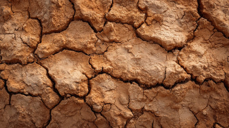 A close-up of cracked earth, showcasing the effects of drought and the patterns formed by the dry soil. The texture highlights the fragility of the environment.の素材