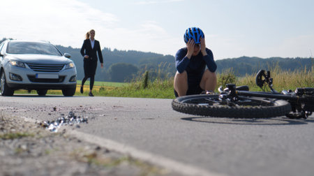 A cyclist is injured and sitting on the road after an accident with a car. A woman is approaching to help.の素材