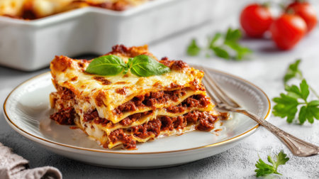 A close-up shot of a slice of lasagna on a plate, with a fork. The lasagna is layered with meat sauce, cheese, and pasta.の素材