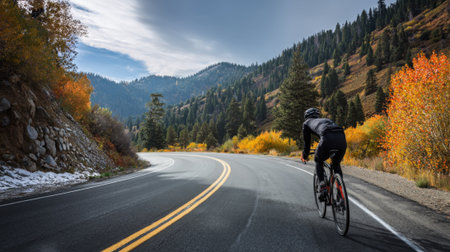 A lone cyclist in athletic gear pedals up a winding asphalt road surrounded by beautiful fall foliage and majestic mountains under a partly cloudy sky.の素材