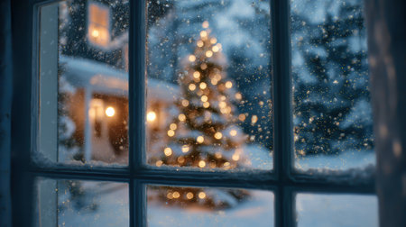 A festive Christmas tree glows warmly, seen through a snow-covered window on a winter night, creating a cozy and magical scene.の素材