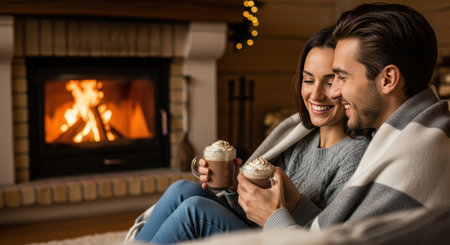 A happy couple snuggles under a blanket, sipping hot chocolate by a warm fireplace, creating a cozy and romantic atmosphere in their home.の素材