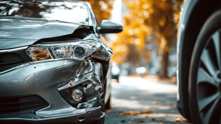 Close-up of a car with a damaged front end after a collision, parked on the side of a road with trees in the background.の素材