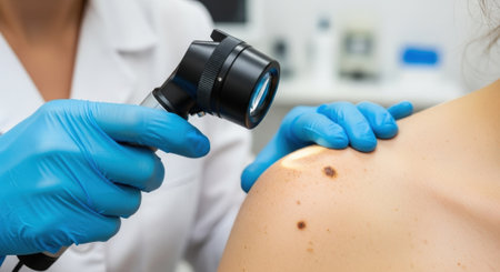 Close-up of a dermatologist in blue gloves using a dermatoscope to examine a mole on a patients shoulder, highlighting skin health check.の素材