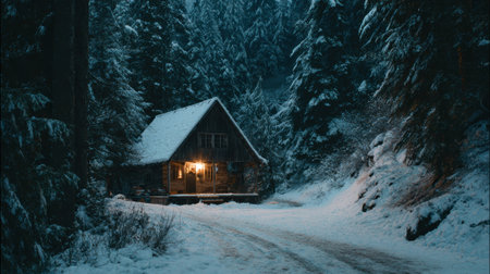 A charming cabin nestled in a snow-covered forest, illuminated by warm light, offering a peaceful winter escape.の素材