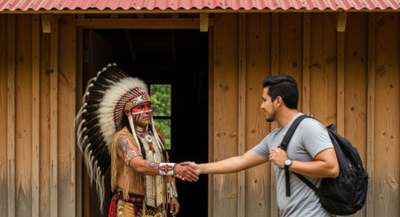 A man with a backpack shakes hands with an indigenous person wearing a traditional headdress outside a wooden building, symbolizing cultural exchange and respect.の素材