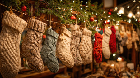 A row of knitted Christmas stockings hangs at a market stall, adorned with lights and ornaments, creating a warm and festive holiday atmosphere.の素材