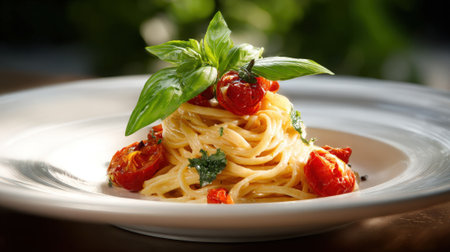 A close-up shot of a plate of spaghetti topped with fresh tomatoes and basil, creating an appetizing and vibrant dish.の素材