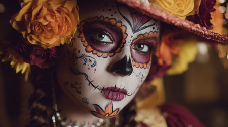 Close-up portrait of a woman wearing traditional Day of the Dead sugar skull makeup and a hat adorned with vibrant flowers, looking directly at the camera.の素材