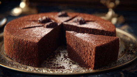 A rich, dark chocolate torte dusted with powdered sugar, with one slice cut and separated. The delicious dessert is presented on an elegant, vintage serving plate with a dark, moody background.の素材