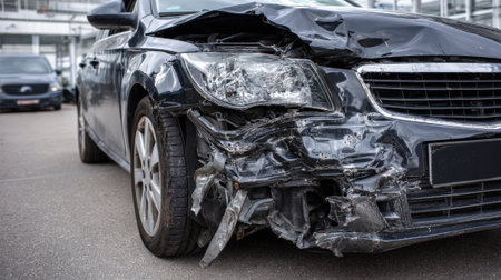 Close-up of a black car with significant front-end damage after a collision, showing crumpled metal and broken headlights.の素材