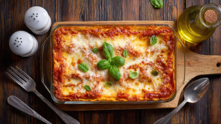 Overhead shot of a freshly baked lasagna, garnished with basil leaves, served on a wooden board with olive oil and seasonings, perfect for a hearty meal.の素材