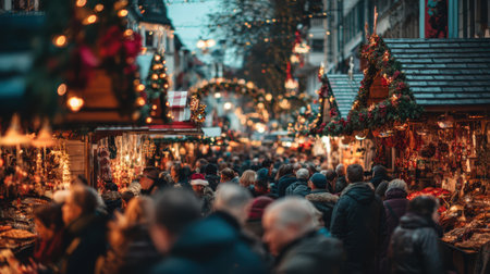 A vibrant Christmas market scene with a large crowd of people, festive lights, and decorated stalls creating a lively atmosphere.の素材