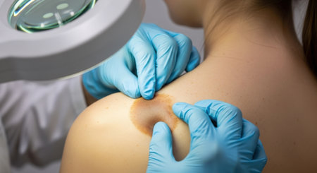 Close-up of a dermatologist examining a mole on a patients shoulder with a magnifying glass, wearing blue gloves for hygiene and precision.の素材