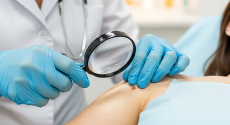 A dermatologist wearing blue gloves examines a patients skin with a magnifying glass, possibly checking for moles, lesions, or other skin abnormalities.の素材