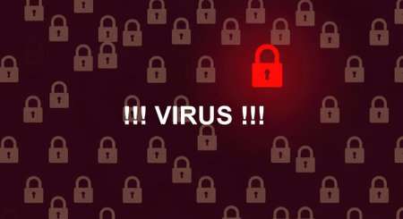 A digital virus alert is displayed with a glowing red padlock and the words VIRUS in capital letters.の素材