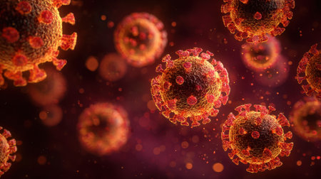 A detailed 3D rendering showcases the microscopic structure of Coronavirus virions, highlighting their complex protein spikes and internal components. This image is suitable for medical and scientific contexts.の素材
