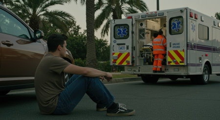A man sits on the ground in distress as an ambulance arrives to provide medical assistance. The scene suggests an emergency situation.の素材