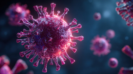 A detailed 3D render showcases the structure of the coronavirus, highlighting its distinctive spikes and intricate surface details against a blurred background.の素材
