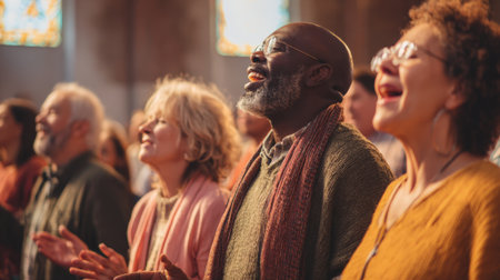 A diverse group of people are singing in church with joyful expressions, their faces turned upwards in praise and worship, bathed in soft, natural light.の素材