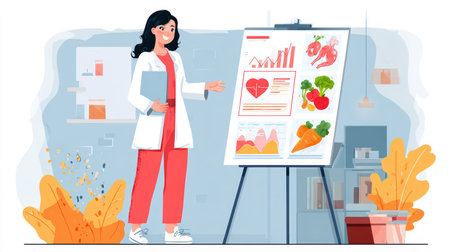A doctor in a white coat presents a healthy diet plan using a whiteboard with charts and food illustrations, promoting wellness.の素材