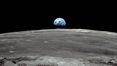 A breathtaking view of Earth rising above the lunar horizon, captured from the Moons surface, showcasing the beauty and fragility of our planet.の素材