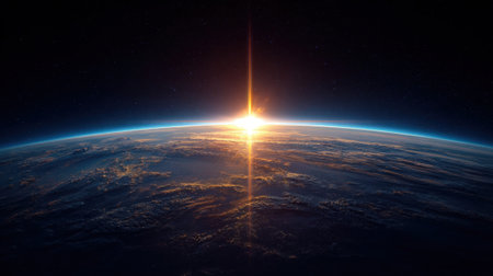 A stunning view of Earth from space, with a bright sunrise illuminating the horizon and creating a beautiful glow around the planet.の素材