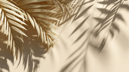 A minimalist and aesthetic composition of dry tropical palm fronds and their artistic shadows on a warm, sunlit surface. A natural, serene, and contemporary background.の素材