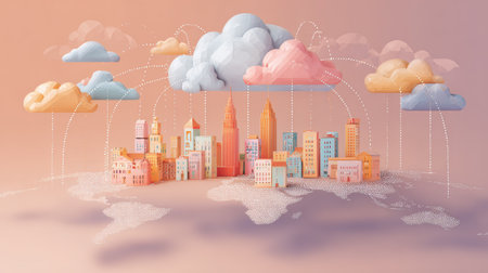 A whimsical illustration of a city floating among pastel-colored clouds, with gentle rain adding a touch of magic and serenity to the scene.の素材