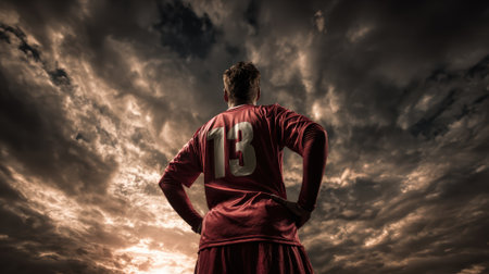 A powerful image of an athlete in a red jersey, number 18, standing with hands on hips against a dramatic, cloudy sky, symbolizing determination and resilience.の素材