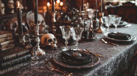 A hauntingly beautiful table setting featuring skulls, candles, and dark tableware, perfect for a gothic-themed event or Halloween celebration.の素材