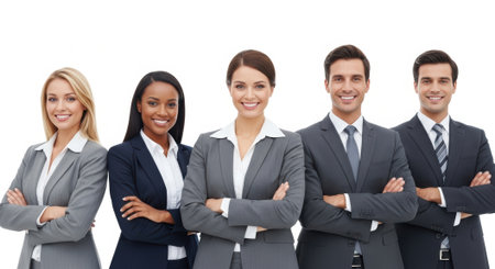 A group of five diverse business professionals stand side-by-side with arms crossed, exuding confidence and teamwork against a clean white background.の素材